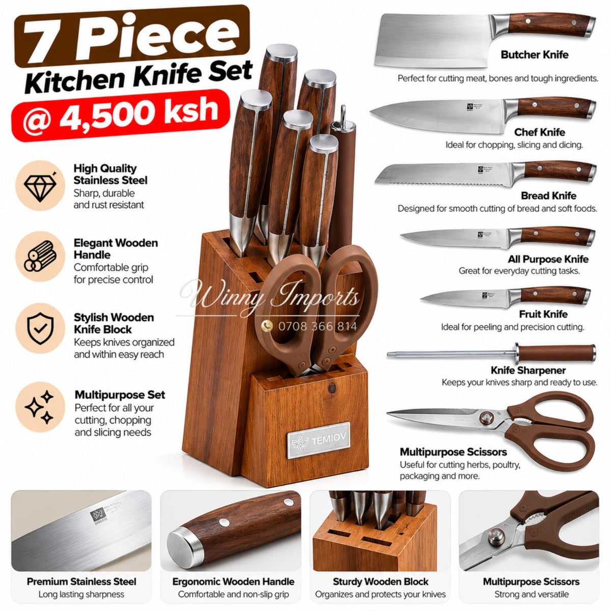 🔪 7-Piece Kitchen Knife Set + Wooden Stand