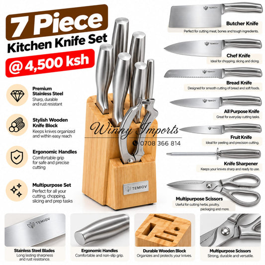 🔪 7-Piece Kitchen Knife Set + Wooden Stand