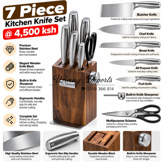 🔪 7-Piece Kitchen Knife Set + Wooden Stand